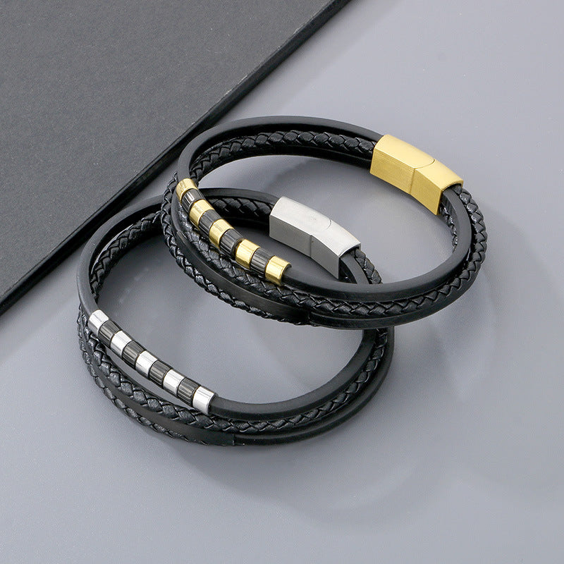 Stainless Steel Black Gold Beaded Leather Cord Bracelet – Multi-Layer Woven Magnetic