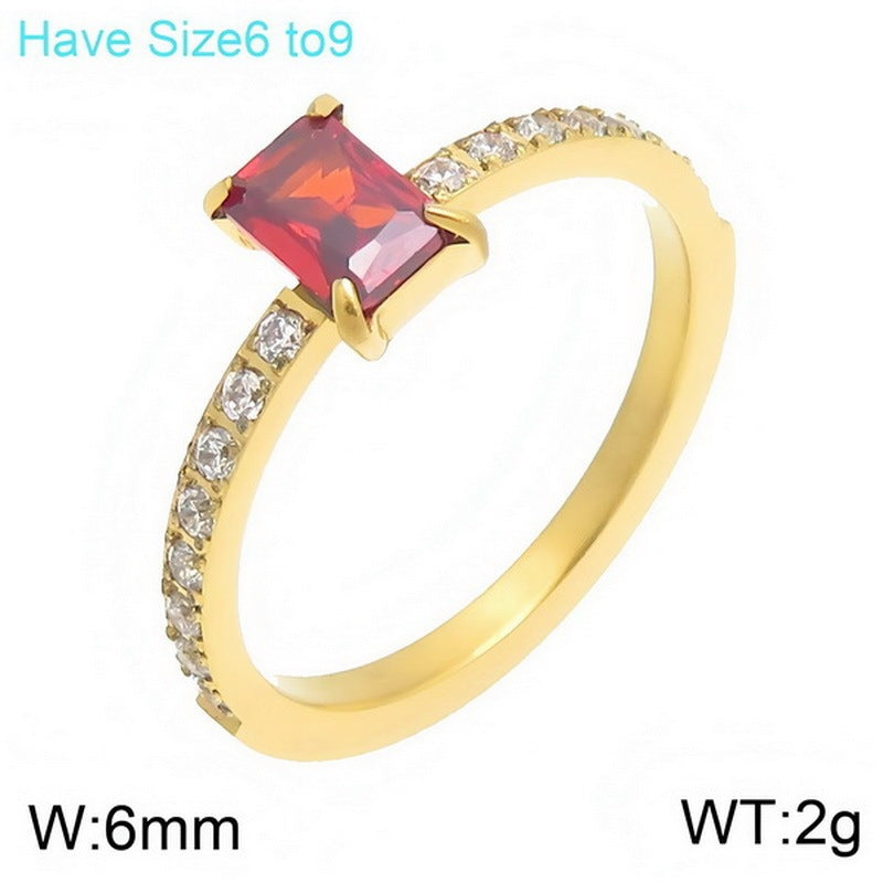 French Four-Claw Rectangle Color Zircon Ring Half Circle Zircon Stainless Steel