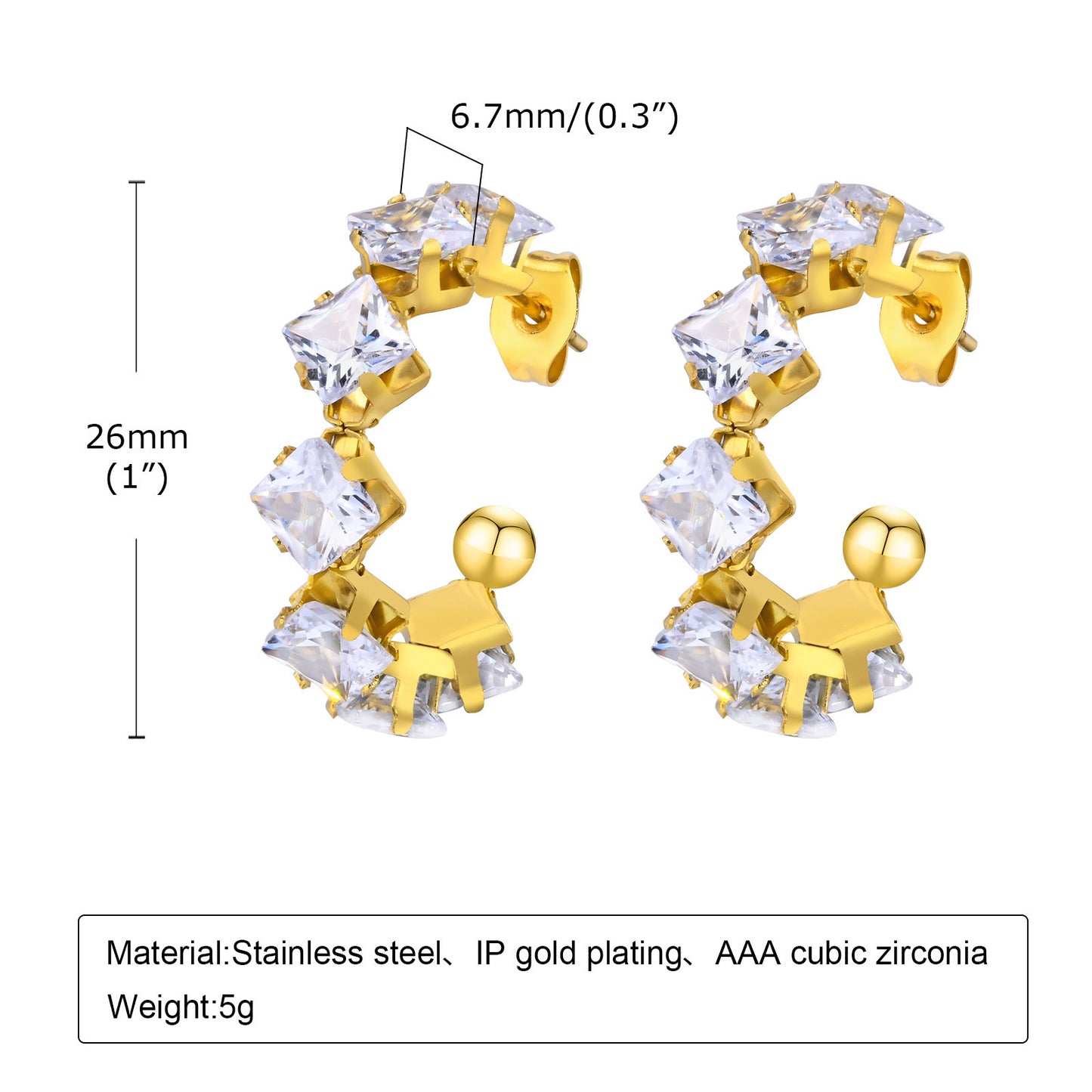 Stainless Steel Plated 18k Gold Rhombus Zircon C Earrings