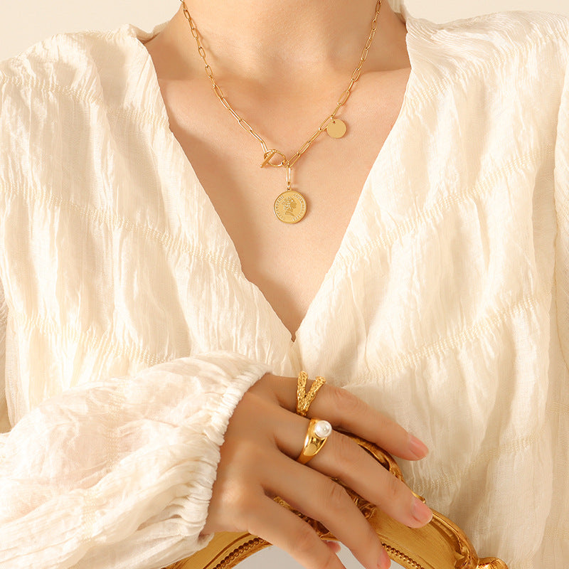 Cross-Continental Gold-Plated Geometric Pendant Necklace with OT Buckle