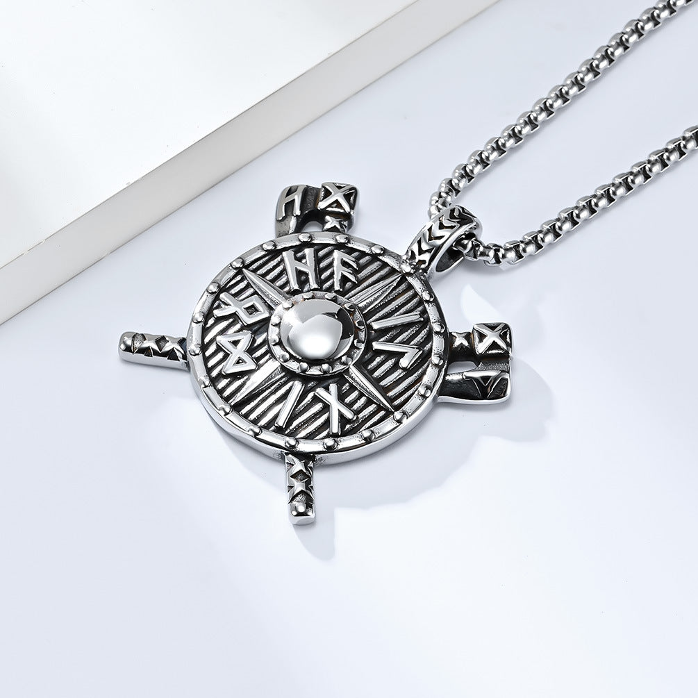 Planderful Viking Shield Axe Pendant Necklace For Men Unisex Stainless Steel Protection Statement