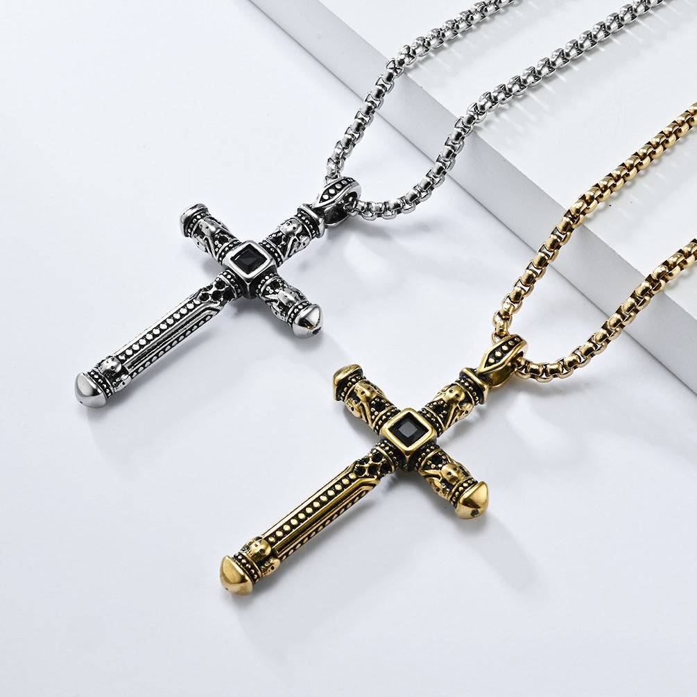 Cross-Border Retro European American Stainless Steel Cross Necklace for Men