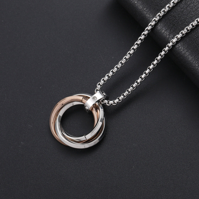 Mens Necklace Hip Hop Three Ring Pendant Titanium Steel Jewelry by Planderful Everyday Genie Collection