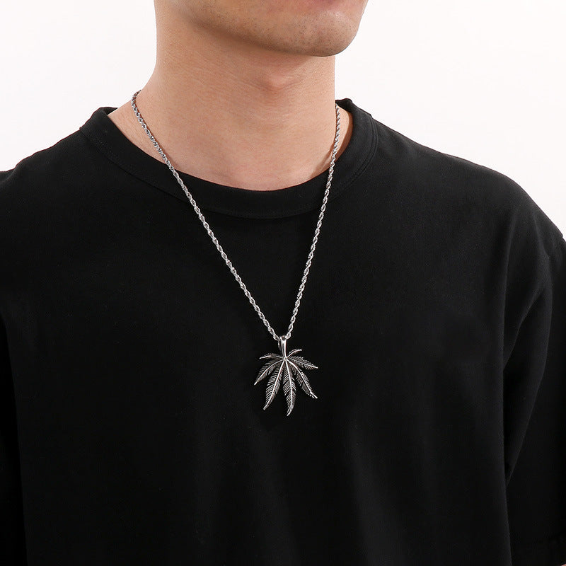 Vintage Plant Maple Leaf Straight Batch, Punk Stainless Steel Turquoise Leaf Men's Pendant Necklace