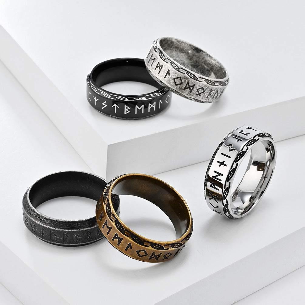 Nordic Retro Viking Text Titanium Steel Ring for Men