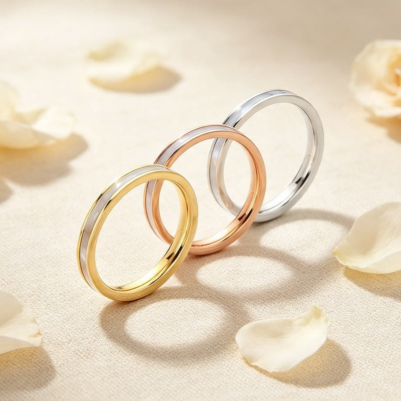 French Stacked Shell Plain Ring 2mm Embedded Fritillary Stainless Steel Women's