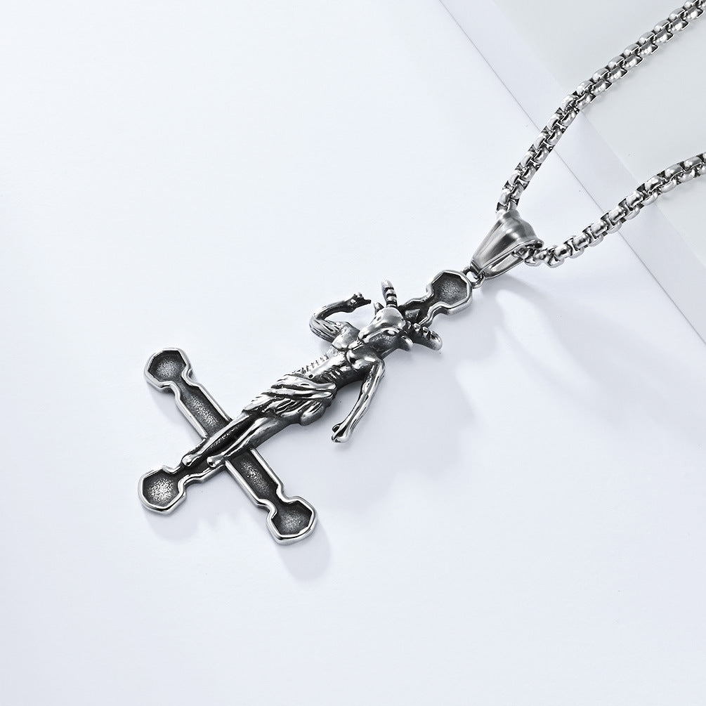 Cross-Border Retro Devil Goat Reverse Cross Necklace for Men