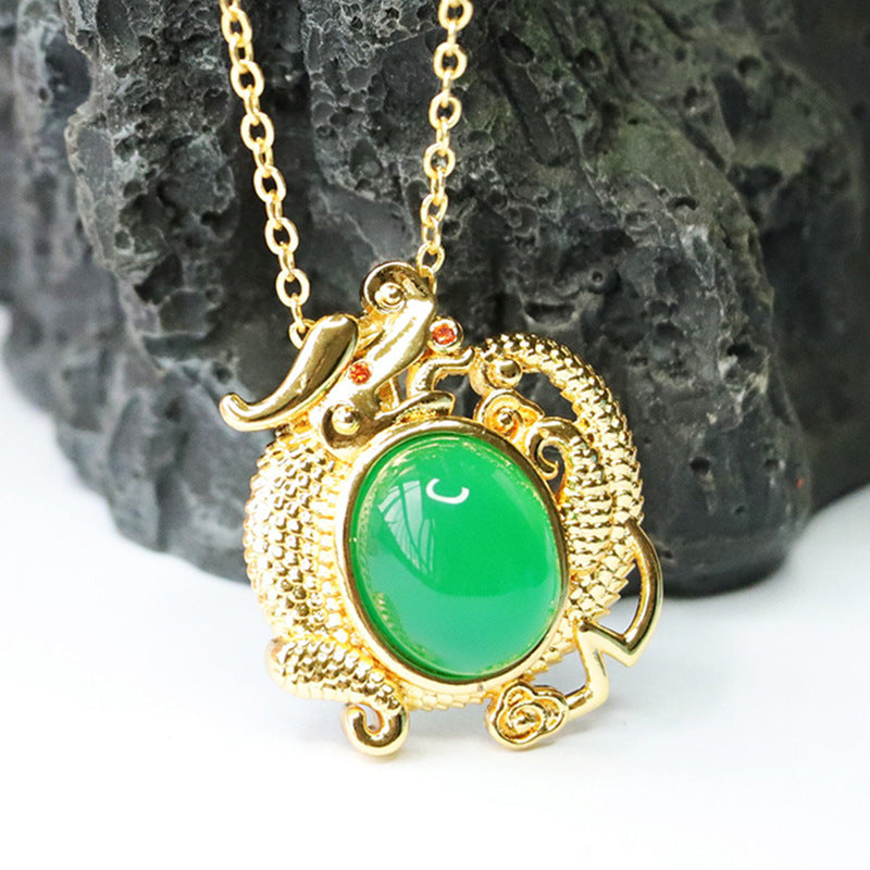 Oval Imperial Green Chalcedony Dragon Pendant