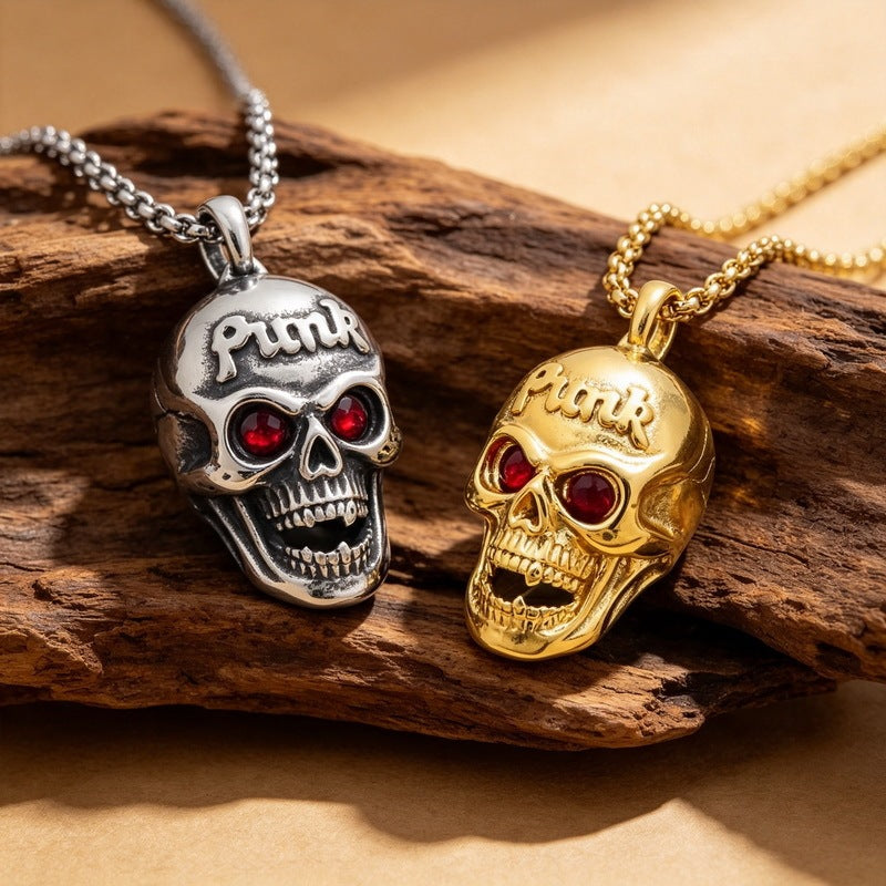Punk Red Diamond Eye Skull Titanium Steel Pendant Halloween Vampire Head Men's Necklace
