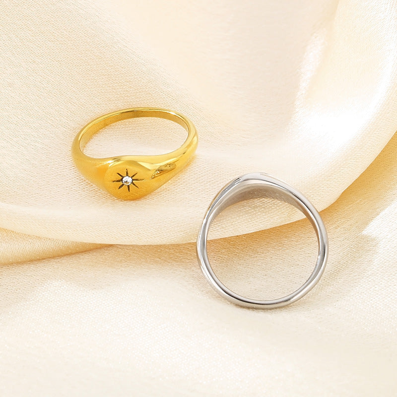 Minimalist Stylish Oval Glossy Zircon Octagram Ring Women's Stainless Steel 18k Gold-Plated Ring