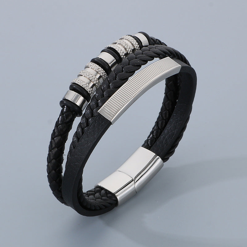 Planderful Mens Multi Layer Leather Magnetic Bracelet