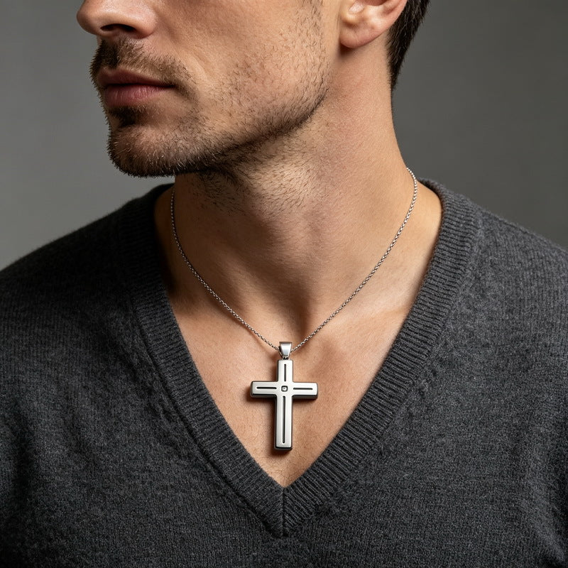 Popular Slotted Line Zircon Cross Titanium Steel Pendant Retro Contrasting Color Stainless Steel Necklace