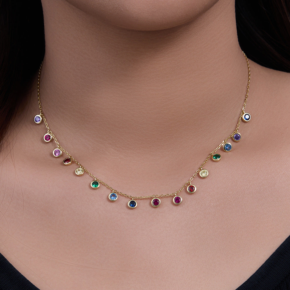 S925 Sterling Silver Colored Round Zircon Necklace Colorful Gemstone Pendant Rainbow Necklace