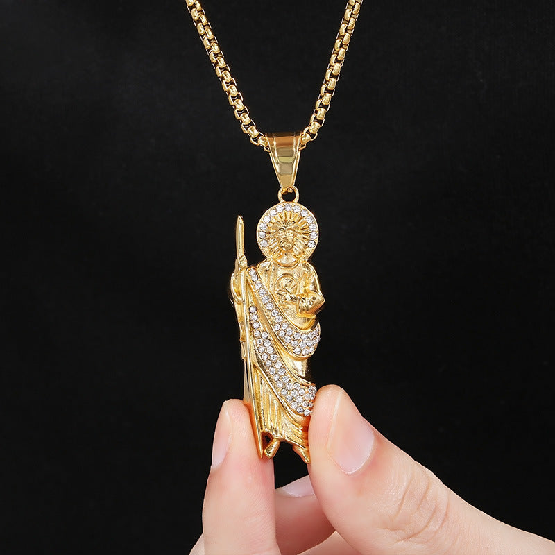 Stylish Zircon Necklace, Vintage Vacuum Plated St. Jude God Titanium Steel Pendant For