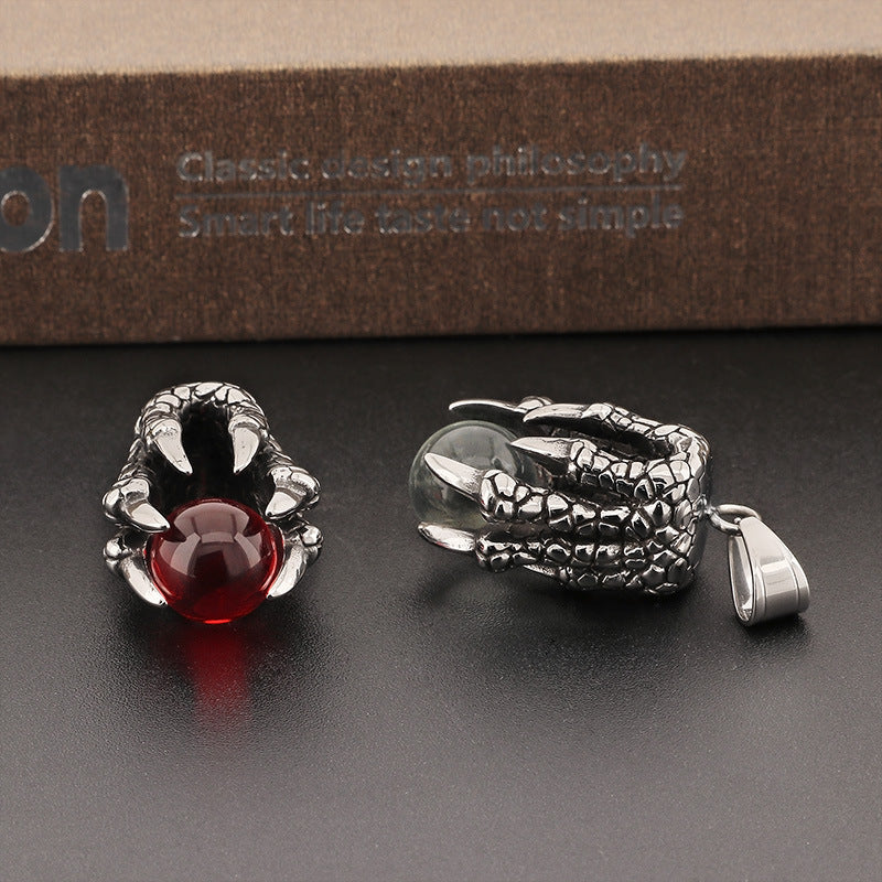 Bold Stainless Steel Dragon Claw Pendant with Red Bead - Retro European American Dominance for Men
