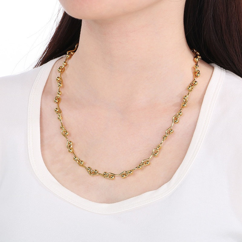 Premium Sense Interlocking Stainless Steel Necklace Women's'S Special-Shaped Twisted Line Round Bead Splicing