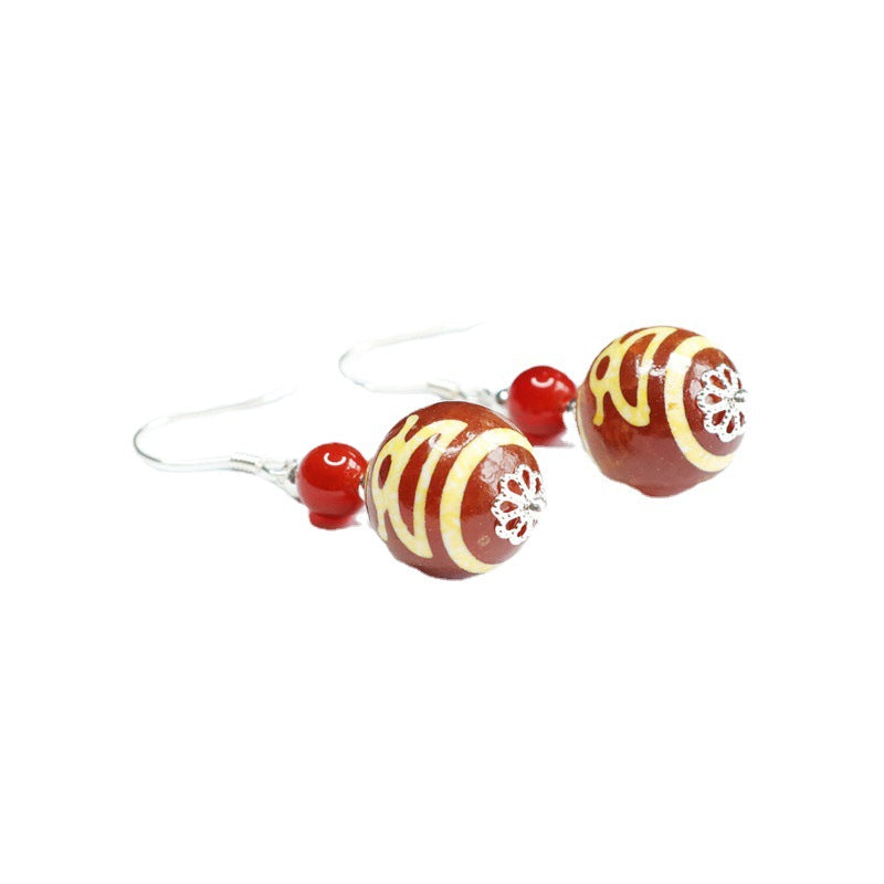 Wealth Motif Dzi Bead 925 Silver Hook Earrings