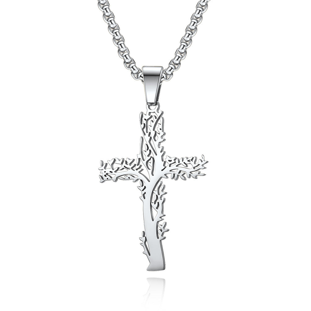 Stainless Steel Tree of Life Cross Necklace for Men and Women