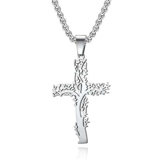 Cross-Border E-Commerce Jewelry Supply Titanium Steel Vikings Tree of Life Cross Necklace for Men