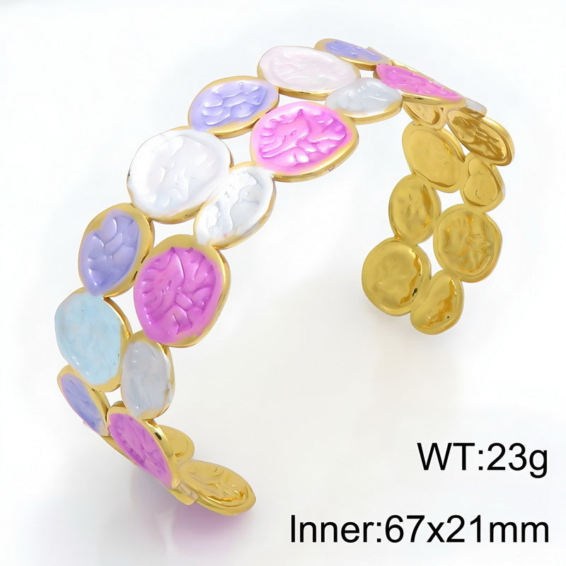 Oval Texture Pearlescent Gradual Change Opening Stainless Steel Bracelet Vacation Style