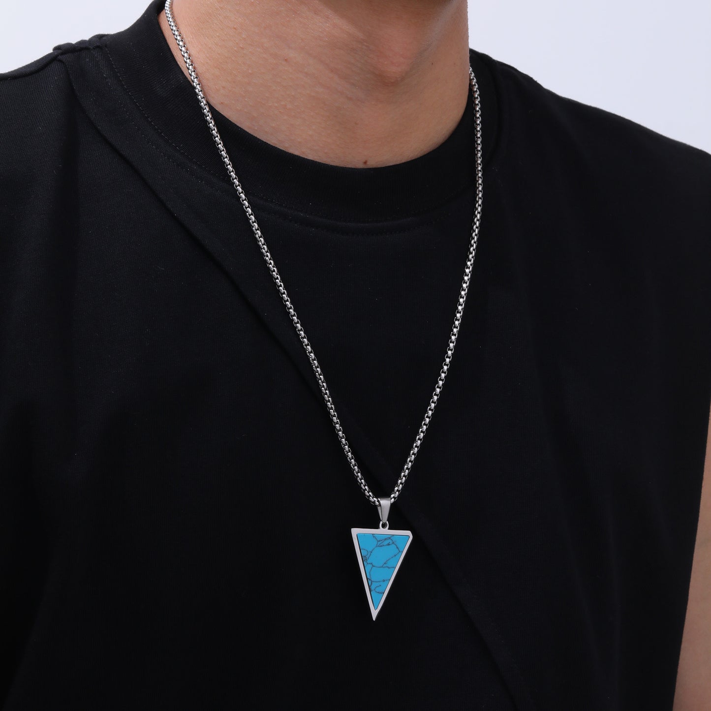 Stainless Steel Triangle Natural Tiger's Eye Stone Black Agate Pendant Necklace Men's