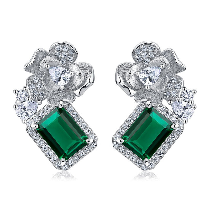 S925 Sterling Silver Lab-Grown Emerald Flower Stud Earrings
