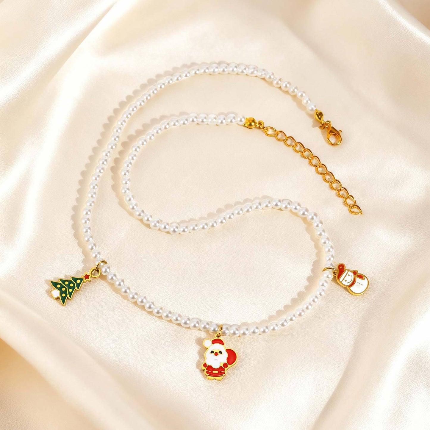Stainless Steel Autumn & Winter Santa Claus Christmas Tree Snowman Imitation Pearl Necklace