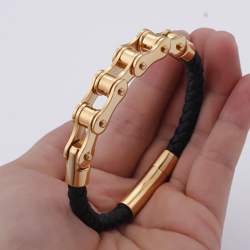 Cool Men's Stainless Steel Bicycle Chain Leather Bracelet – Locomotive Chain Cowhide
