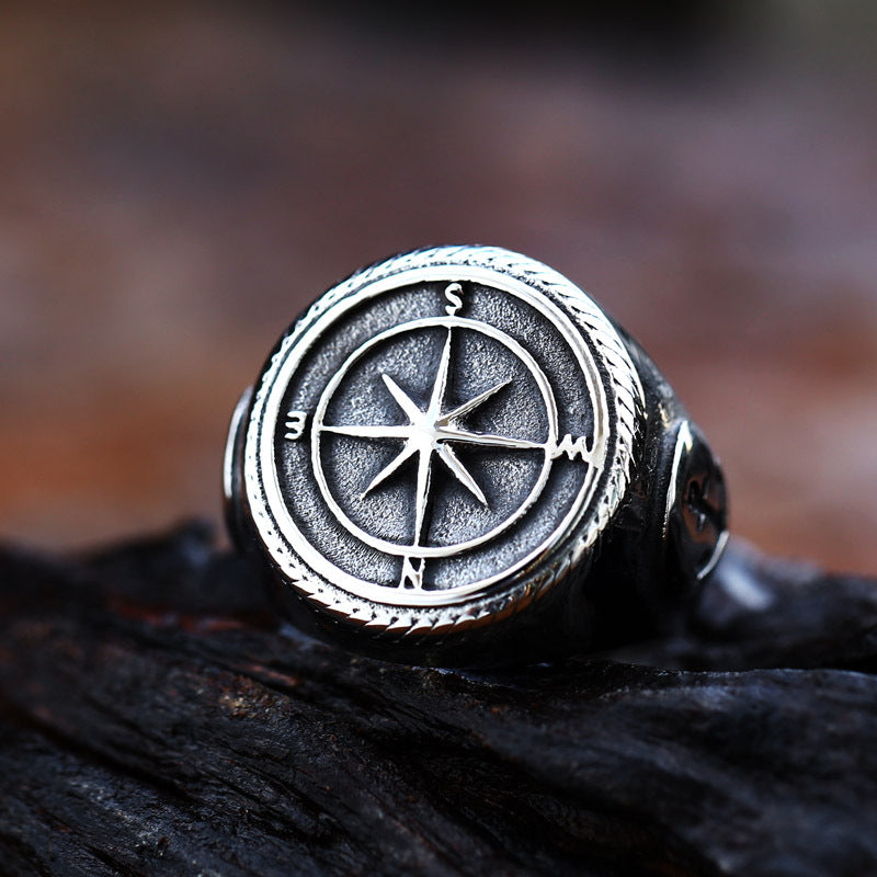 Titanium Steel Retro Navy Knight Anchor Ring for Men - Stainless Steel Compass Design