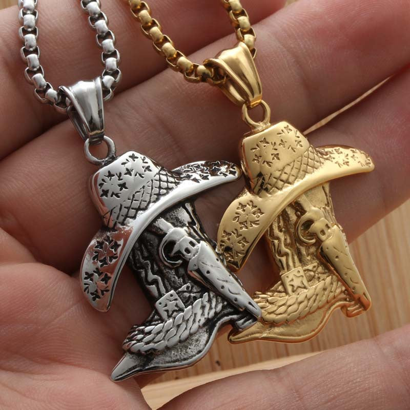 Personalized Titanium Steel Cowboy Hat Pendant Necklace for Trendy Men - Punk Style Shoes Charm