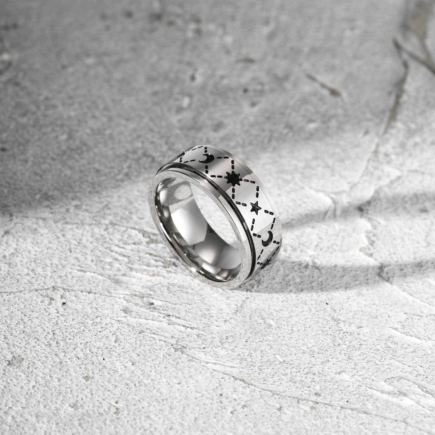 Mens Trend Stainless Steel Sun Moon Rotating Ring Jewelry