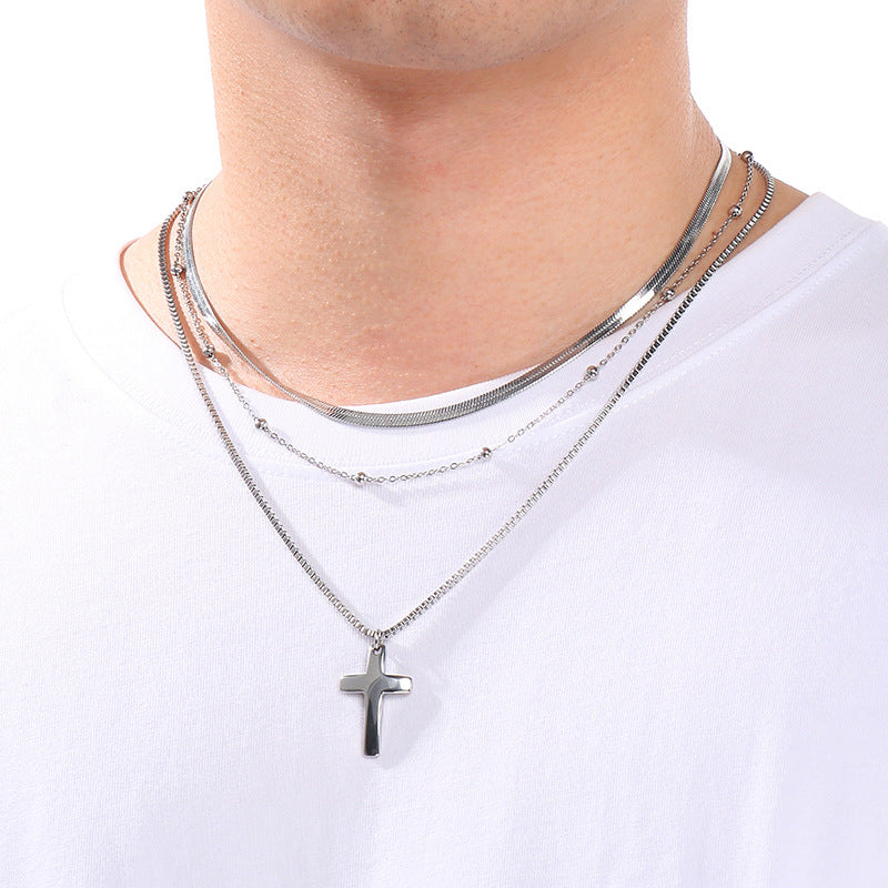 Flat Snake Chain Multi-Layer Chain Necklace, Retro Stainless Steel Box Chain Cross Pendant