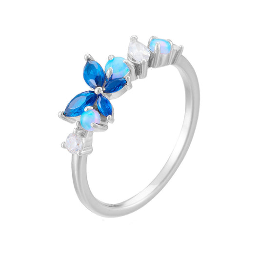 Opal and Zircon Butterfly Slim Sterling Silver Ring