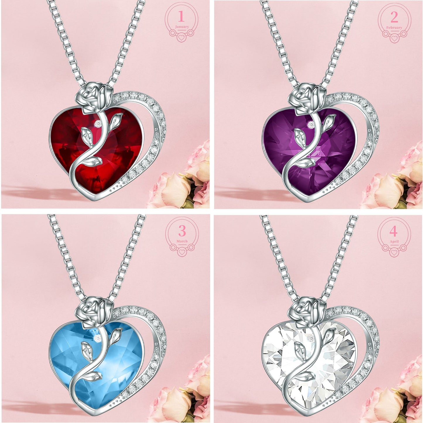 S925 Sterling Silver Rose Love Necklace with Crystal Pendant