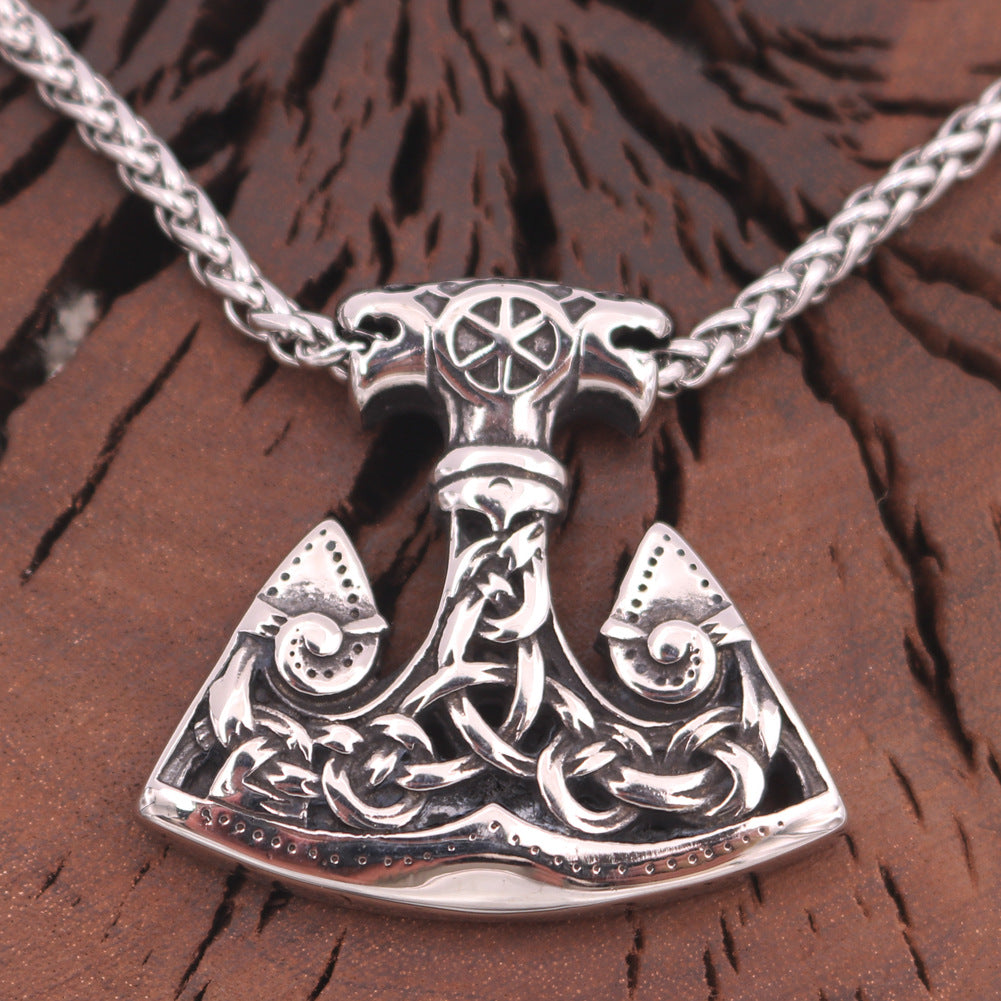 Nordic Wolf Stainless Steel Necklace with Flower Chain - Men's Viking Jewelry