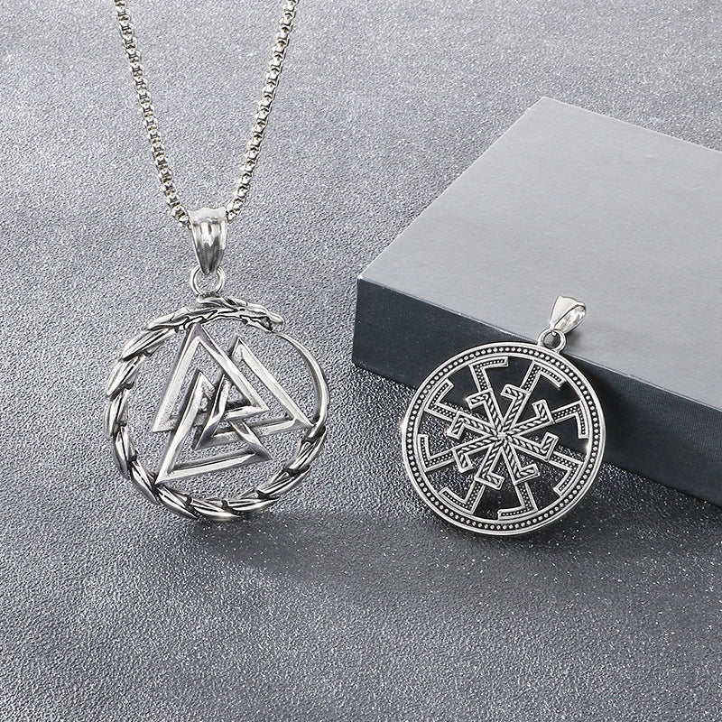 Viking Link Hollow Round Pendant, Old Nordic Octagram Celtic Knot Titanium Steel Men's Necklace