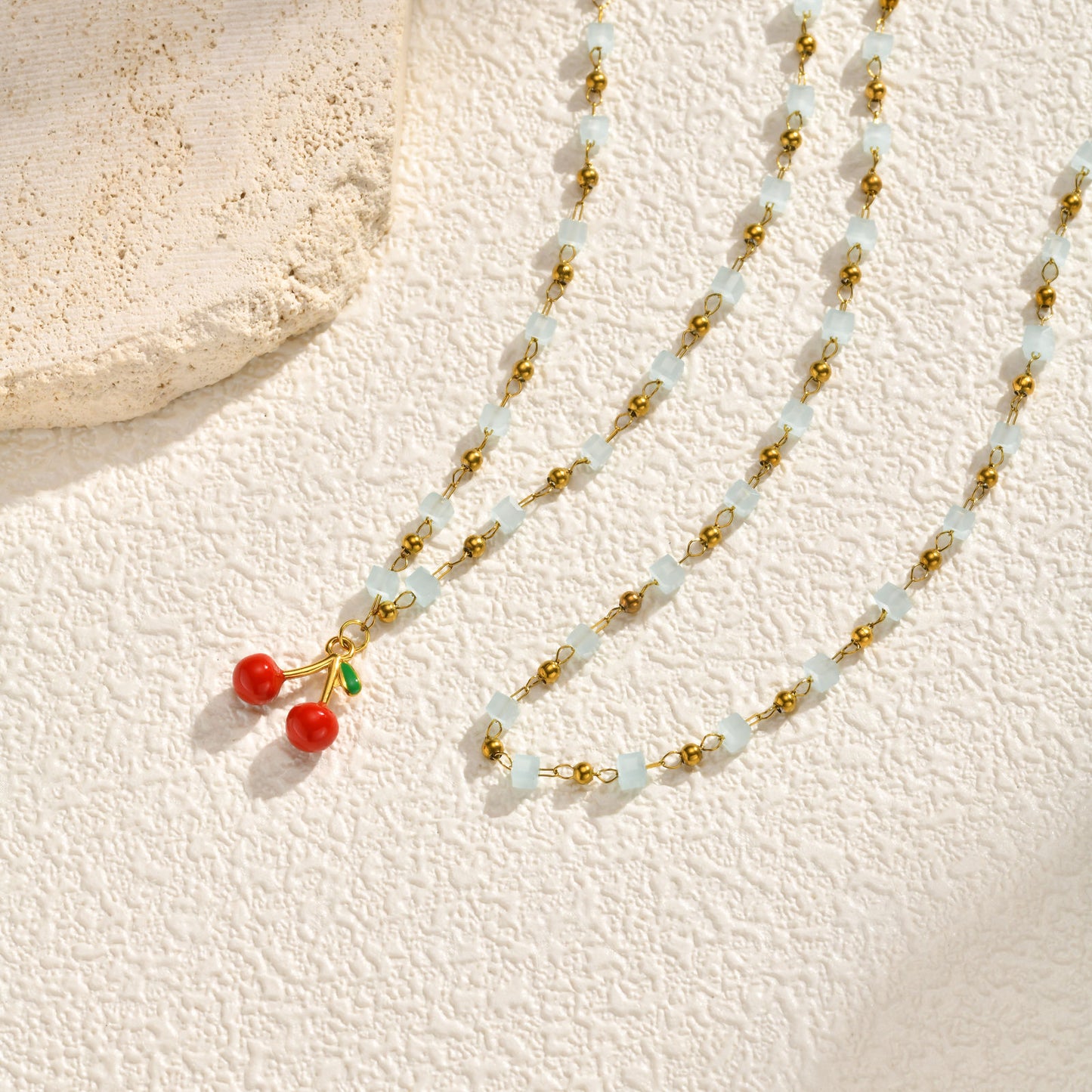 Stainless Steel Beaded Sugar Cube Necklace Light Blue Bead Chain Cherry Sweet Necklace