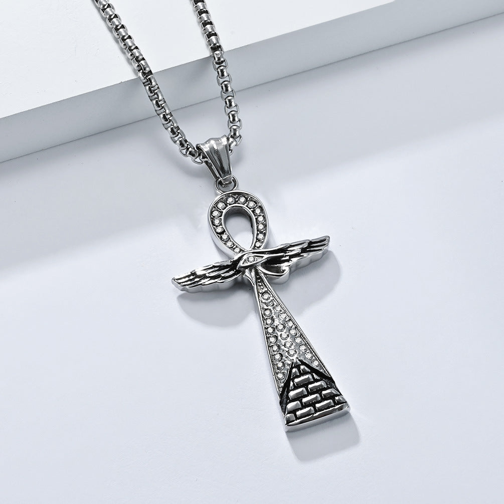 Planderful Ankh Cross Necklace for Men Durable Titanium Steel Retro Literary Egyptian Pendant Hipster Accessory