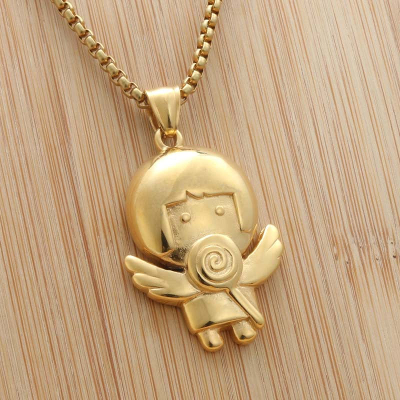 Trendy Punk Angel Pendant Necklace in Titanium Steel with Cartoon Lollipop Design for Women