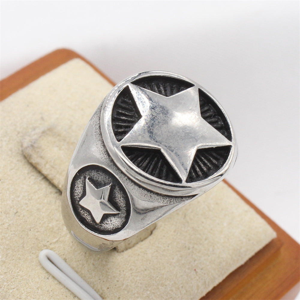 Planderful EveryDay Genie – European and American Personalized Retro Five-Star Men's Titanium Steel Ring