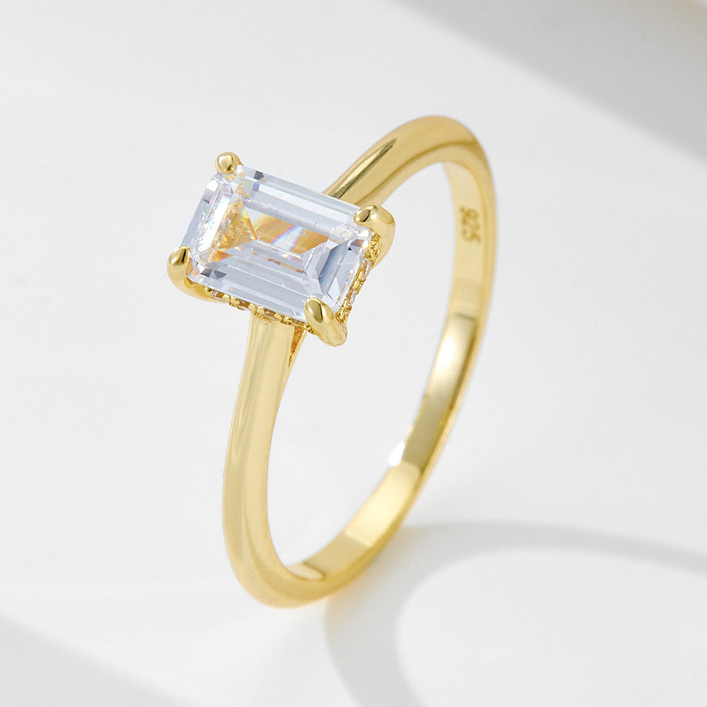 S925 Sterling Silver Geometric Rectangular Zircon Ring In Europe And America For Wedding