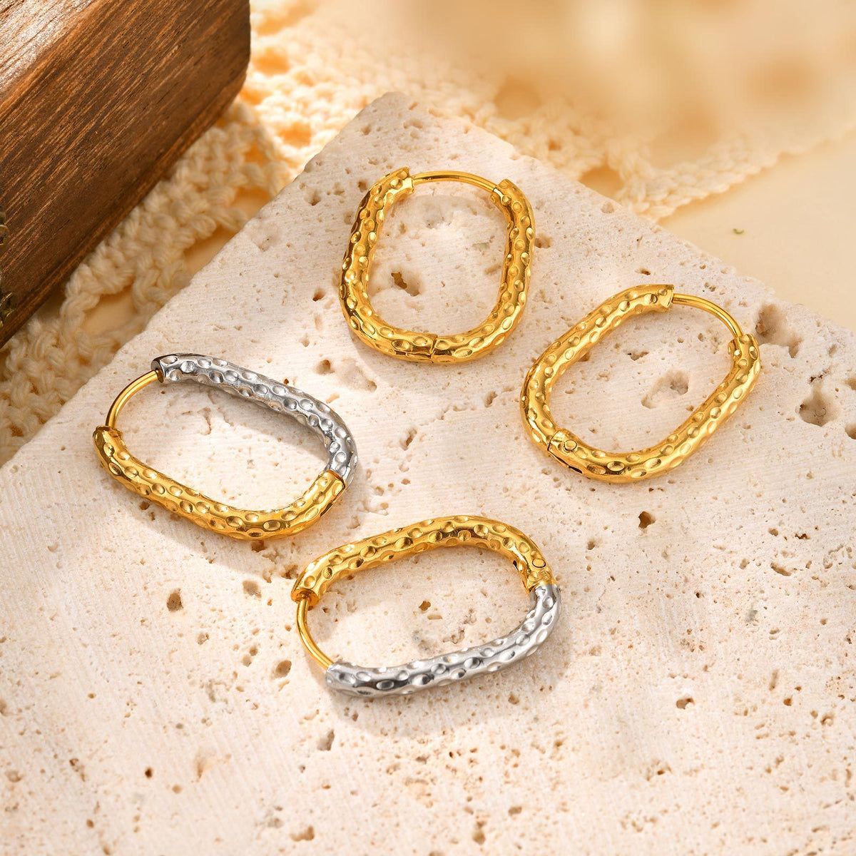 Hammered Rectangular Huggie Hoop Earrings