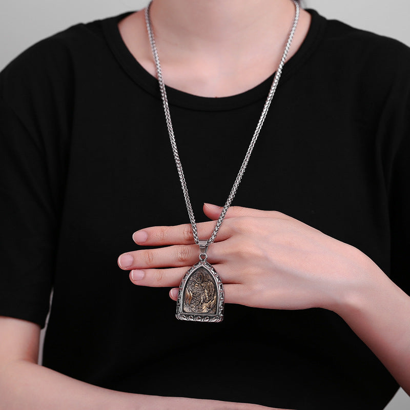 Zircon Necklace – Vintage Zodiac Buddha Pendant for Men Stainless Steel by Planderful