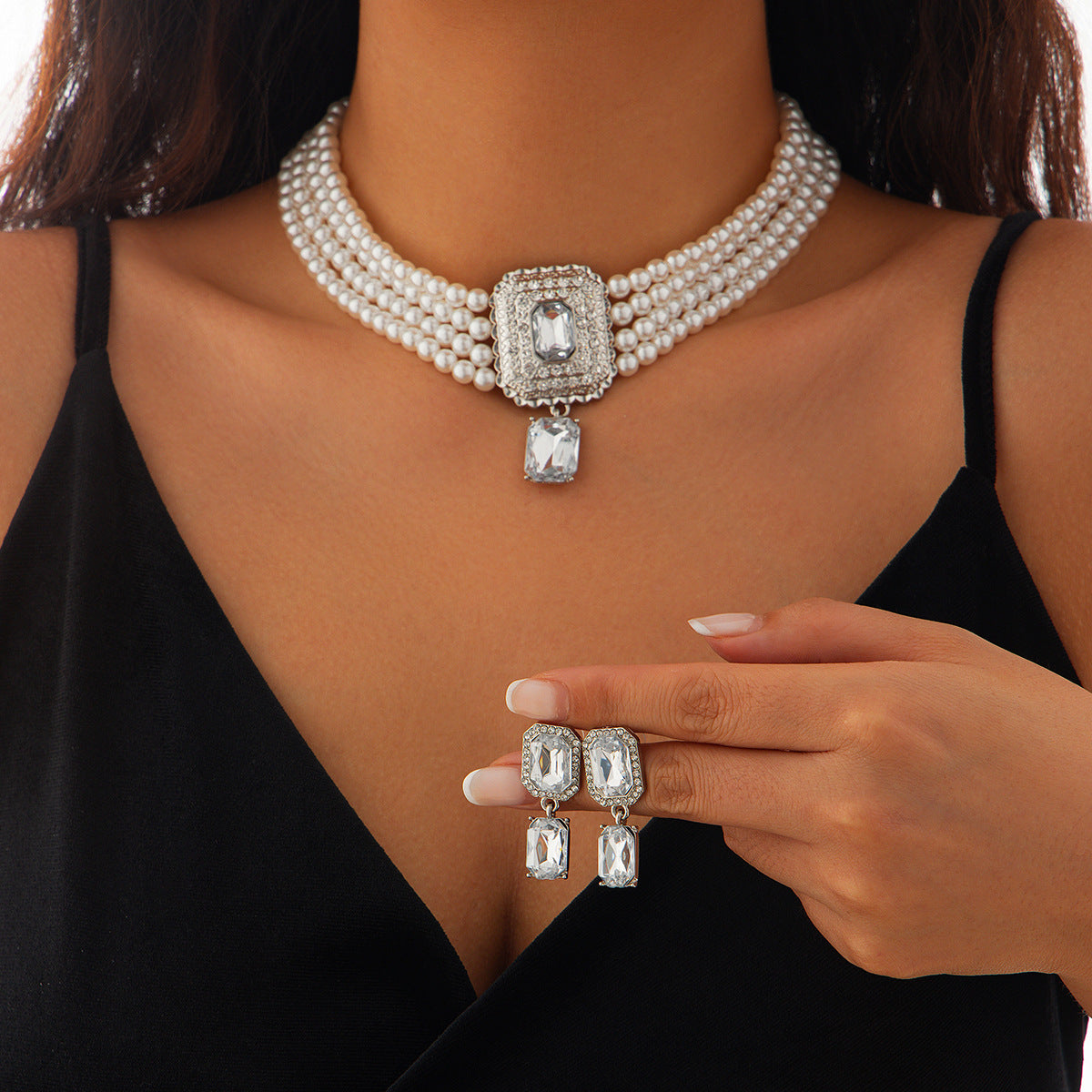 Square Crystal & Pearl-Style Layered Choker