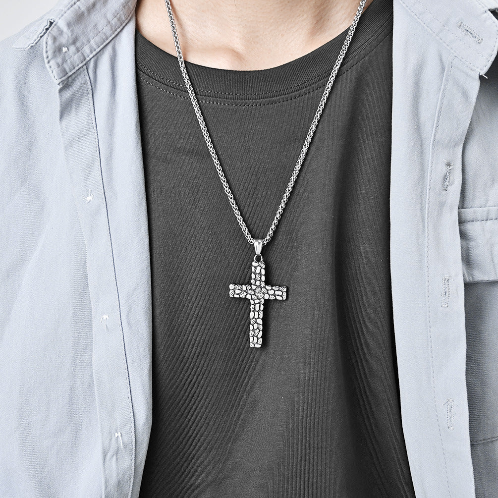 Cross-Border European And American Retro Pebble Titanium Steel Cross Necklace For Men