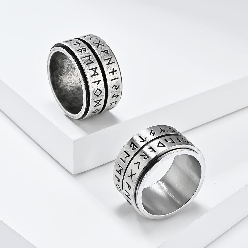 Planderful Viking Ring With Rotating Text Engraving For Men Titanium Steel Vintage Nordic Style