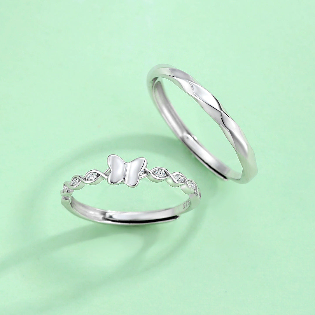 Planderful S925 Sterling Silver Butterfly Couple Ring For Girlfriend Gift Adjustable Twin Set