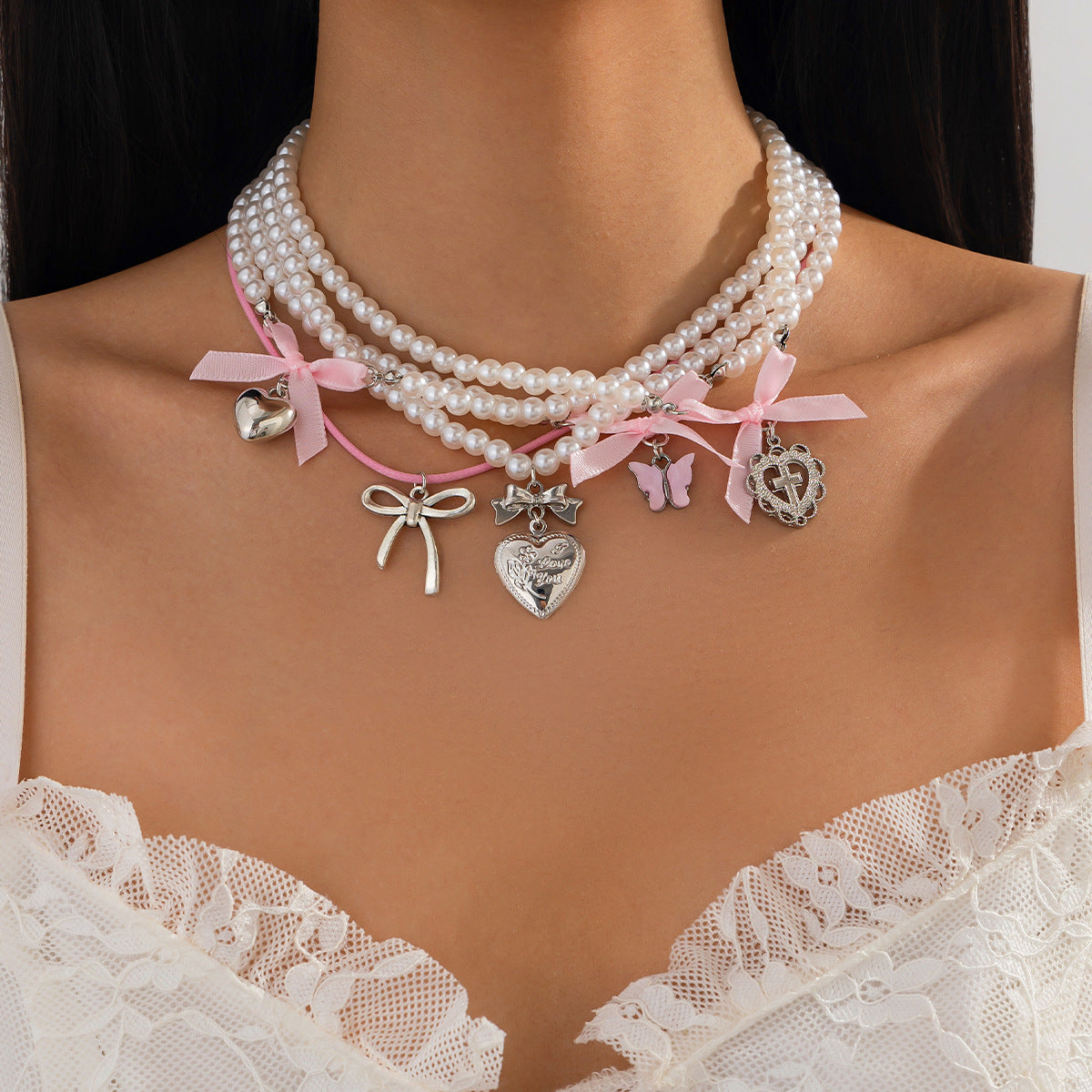 Butterfly Heart & Pearl-Style Layered Necklace
