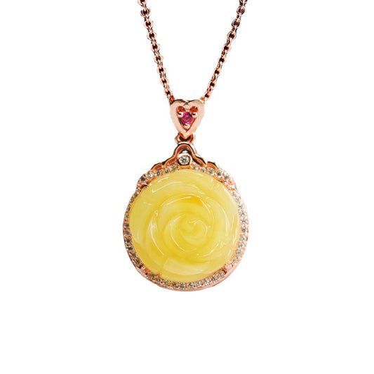 Zircon Halo Rose Gold Necklace with Natural Honey Wax Amber Pendant