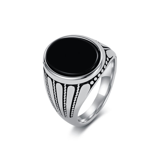 Black Gemstone Vintage Stainless Steel Ring for Men